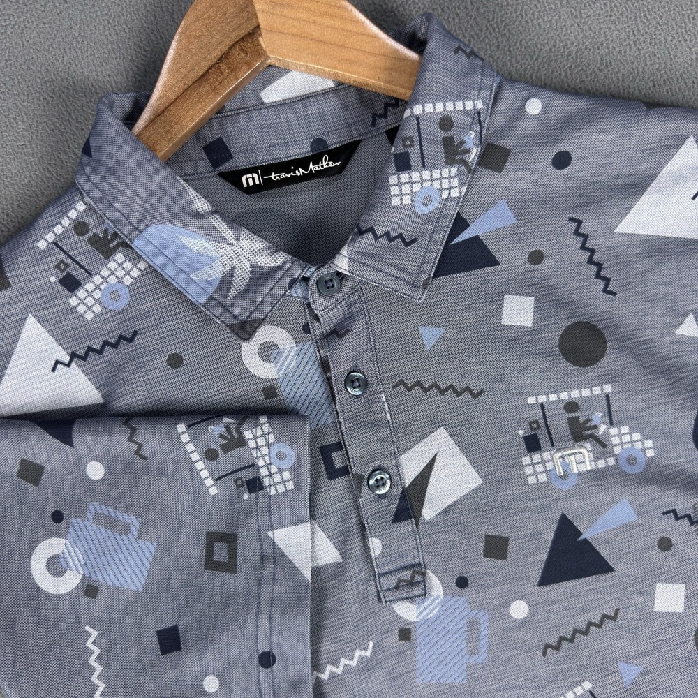 Travis Mathew Polo Shirt Large Blue Grey Rat Pack Geometric Golf Cart Beer Party
